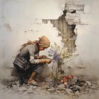 Image of flowers being planted in the cracks of a war-torn street. - Image 4