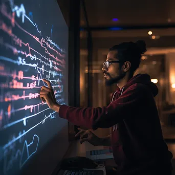 Programmer brainstorming with a whiteboard filled with code and flowcharts. - Image 1