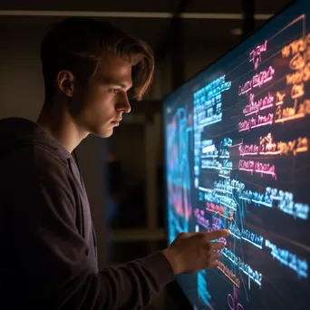 Programmer brainstorming with a whiteboard filled with code and flowcharts. - Image 2