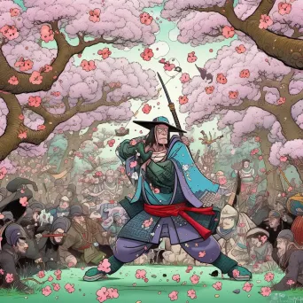 Fearless warrior facing enemies under cherry blossom tree in full bloom - Image 4