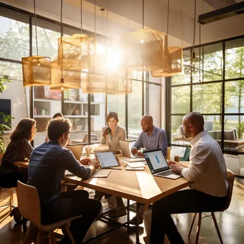 Diverse team working together in a conference room with laptops and sticky notes - Image 1