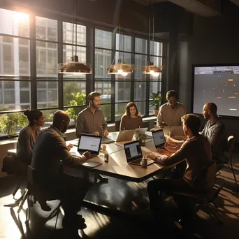 Diverse team working together in a conference room with laptops and sticky notes - Image 2