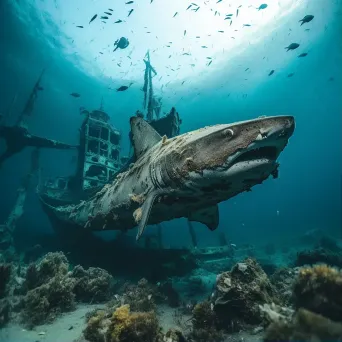 Hidden shipwreck in murky waters with sharks underwater - Image 1