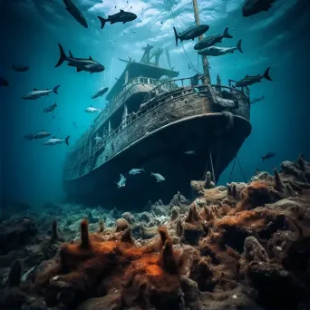 Hidden Shipwreck in Murky Waters with Sharks