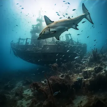 Hidden shipwreck in murky waters with sharks underwater - Image 3