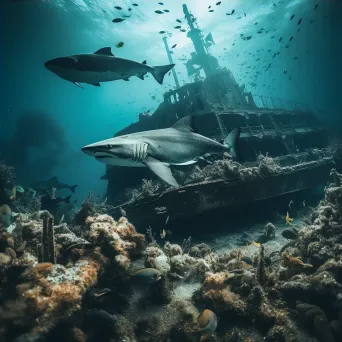 Hidden shipwreck in murky waters with sharks underwater - Image 4