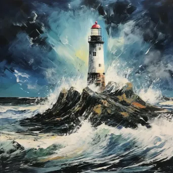 An isolated lighthouse amidst a stormy sea, created through fluid acrylic pour art - Image 1