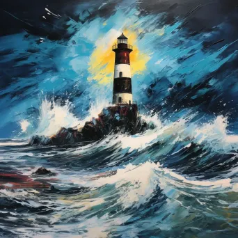 An isolated lighthouse amidst a stormy sea, created through fluid acrylic pour art - Image 3