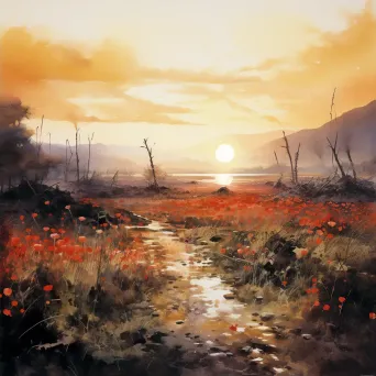 Overgrown battlefield under a brilliant sunrise, depicting nature