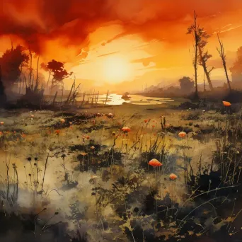 Overgrown battlefield under a brilliant sunrise, depicting nature