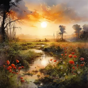 Overgrown battlefield under a brilliant sunrise, depicting nature