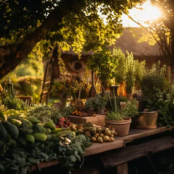 Traditional herb garden filled with medicinal plants during golden hour - Image 1