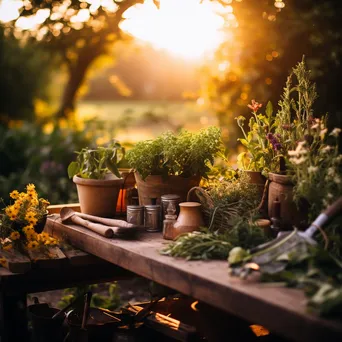 Traditional herb garden filled with medicinal plants during golden hour - Image 2