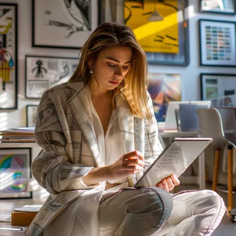 Designer sketching ideas on a tablet in a lively co-working space. - Image 1