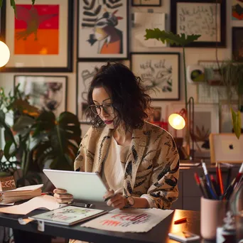 Designer sketching ideas on a tablet in a lively co-working space. - Image 2