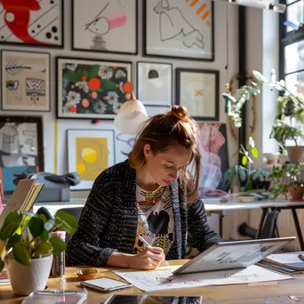 Designer sketching ideas on a tablet in a lively co-working space. - Image 3