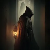 Image of a mysterious figure in a cloak holding a lantern casting shadows forming a prophecy - Image 1