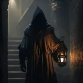 Image of a mysterious figure in a cloak holding a lantern casting shadows forming a prophecy - Image 3