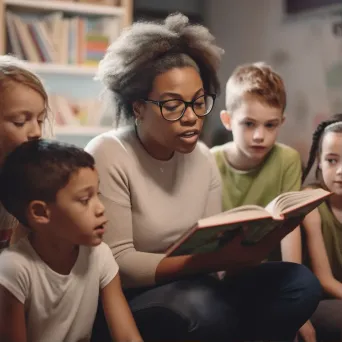 Teacher reading to diverse group of students in a classroom. - Image 1