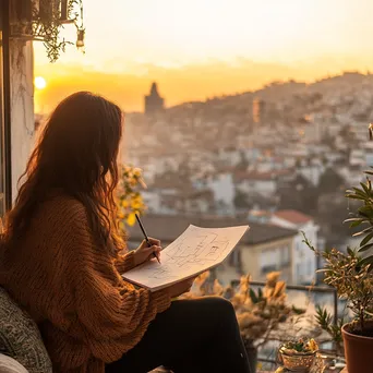 Freelancer sketching on a rooftop terrace with skyline - Image 1