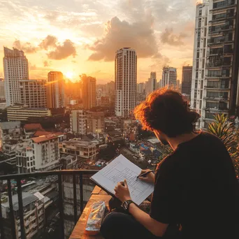 Freelancer sketching on a rooftop terrace with skyline - Image 3