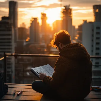 Freelancer sketching on a rooftop terrace with skyline - Image 4