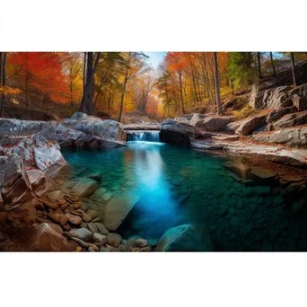 Cascading spring water flowing into a serene pool with autumn colors - Image 1