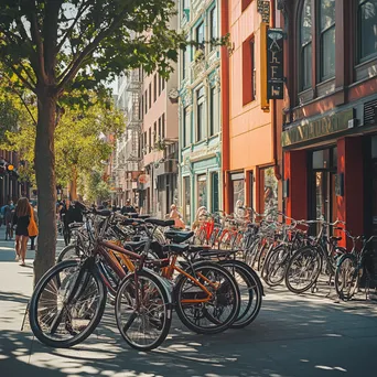 Eclectic city bikes parked near colorful cafes on a sunny day - Image 2