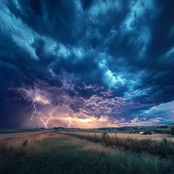 Dramatic stormy sky with lightning over a rural landscape. - Image 1