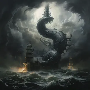 Sea serpent wrapped around lighthouse during a thunderstorm - Image 2