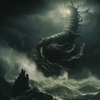 Sea Serpent Coiling Around Lighthouse in Thunderstorm