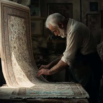 Artisan inspecting a completed handmade carpet. - Image 2