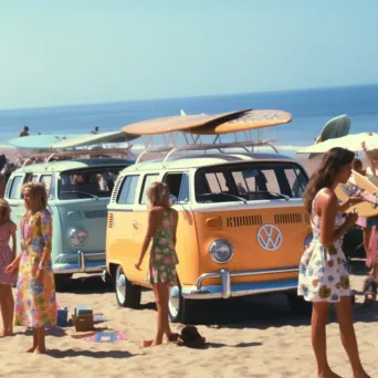 Image of a 1960s beach party scene with vintage surfboards and colorful bikinis - Image 1