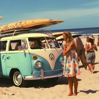 Image of a 1960s beach party scene with vintage surfboards and colorful bikinis - Image 3