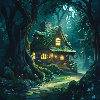 Cartoon-style mysterious cabin in a fantasy forest - Image 1