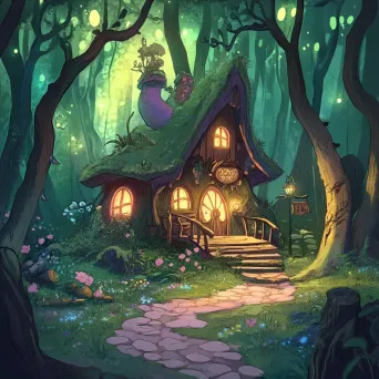 Cartoon-style mysterious cabin in a fantasy forest - Image 2