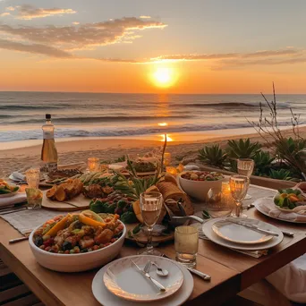 Outdoor beachfront dining with families enjoying seafood at sunset - Image 2