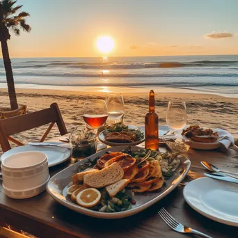 Outdoor beachfront dining with families enjoying seafood at sunset - Image 3