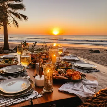 Outdoor beachfront dining with families enjoying seafood at sunset - Image 4