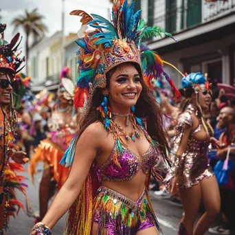 Colorful dancers and crowds celebrating during a Mardi Gras parade. - Image 2