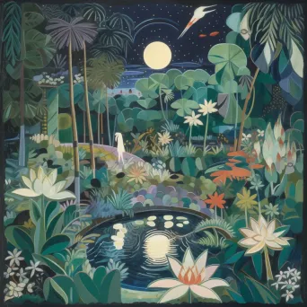 Image of a moonlit tropical garden with exotic plants, lily pads, and fireflies - Image 1