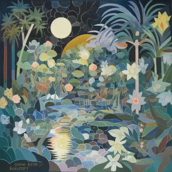 Image of a moonlit tropical garden with exotic plants, lily pads, and fireflies - Image 3