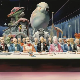 Illustration of a diplomatic meeting on a neutral space station with delegates from various species - Image 1