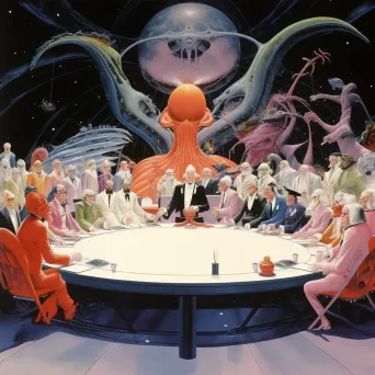 Illustration of a diplomatic meeting on a neutral space station with delegates from various species - Image 4