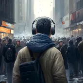 Illustration of a person listening to music on a crowded street - Image 3