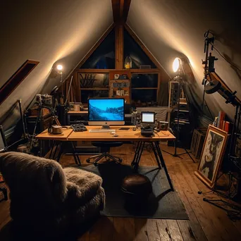 Home office in an attic with eclectic decor and cozy lighting - Image 1