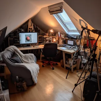 Home office in an attic with eclectic decor and cozy lighting - Image 2