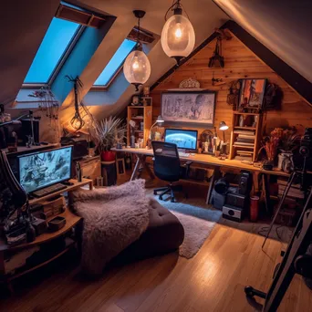 Home office in an attic with eclectic decor and cozy lighting - Image 3