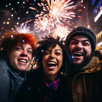 Friends cheering under colorful fireworks on New Year