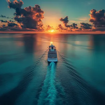 Cruise ship sailing at sunset with golden clouds. - Image 2